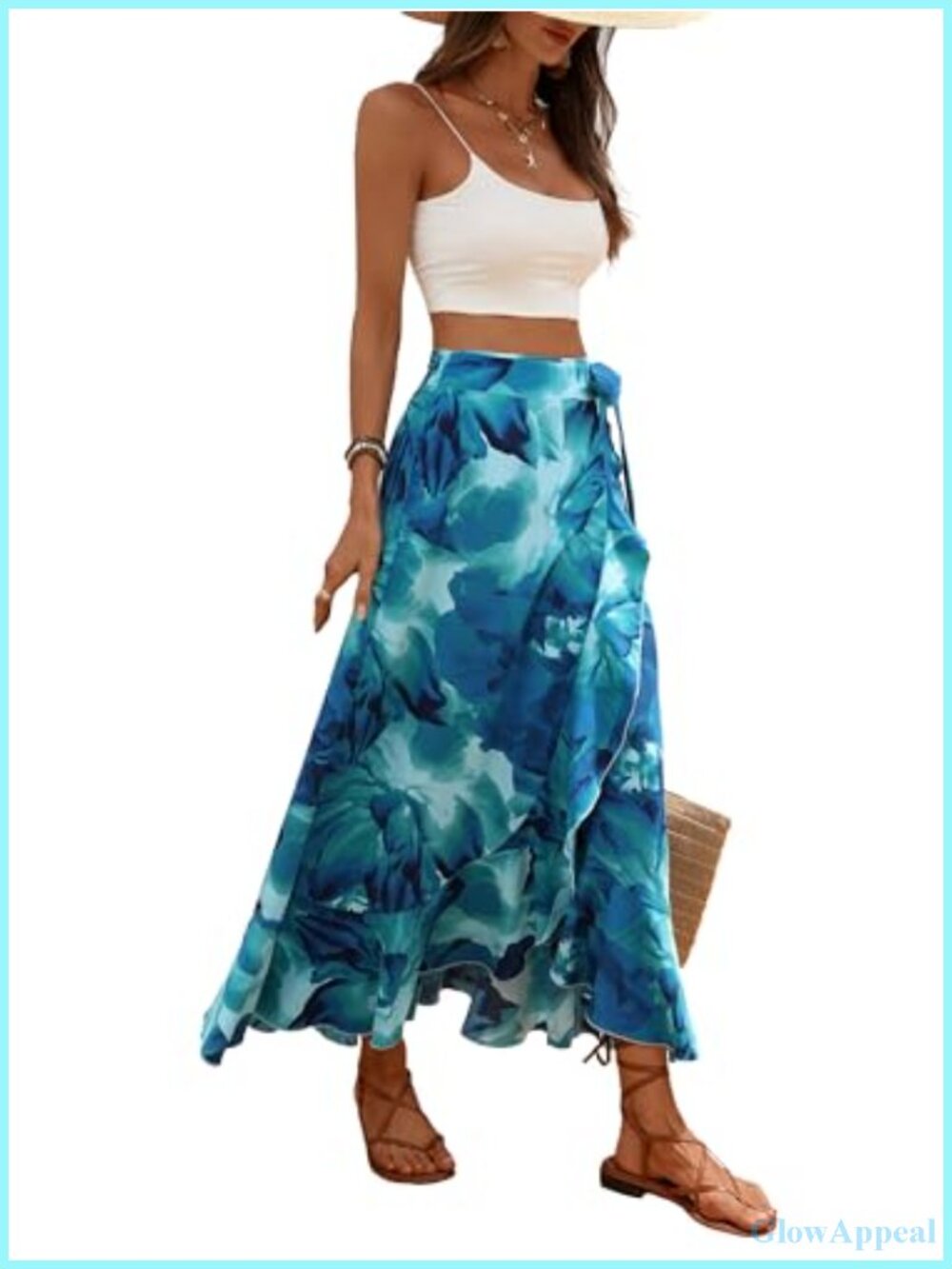 Boho Floral Wrap Maxi Skirt with Knotted Belt, Asymmetric Ruffle Hem